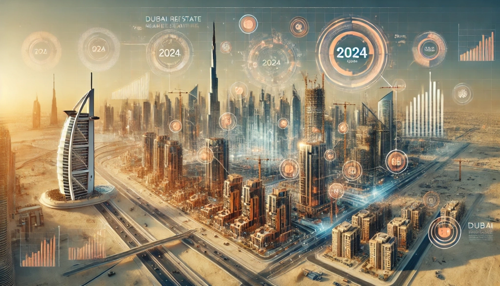 Dubai skyline showcasing 2024 real estate market trends, with high-rise buildings and emerging investment areas.